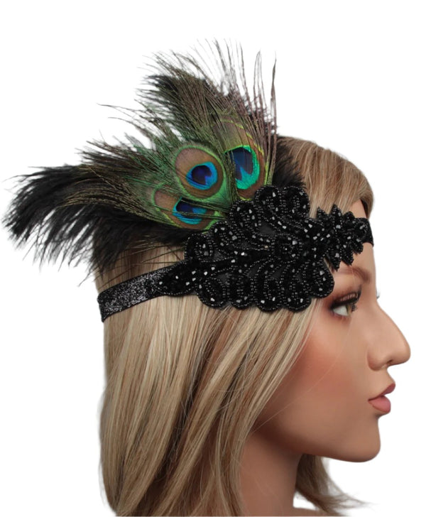 Adult 1920s Flapper Headband - Black Feather Gatsby Costume Accessory