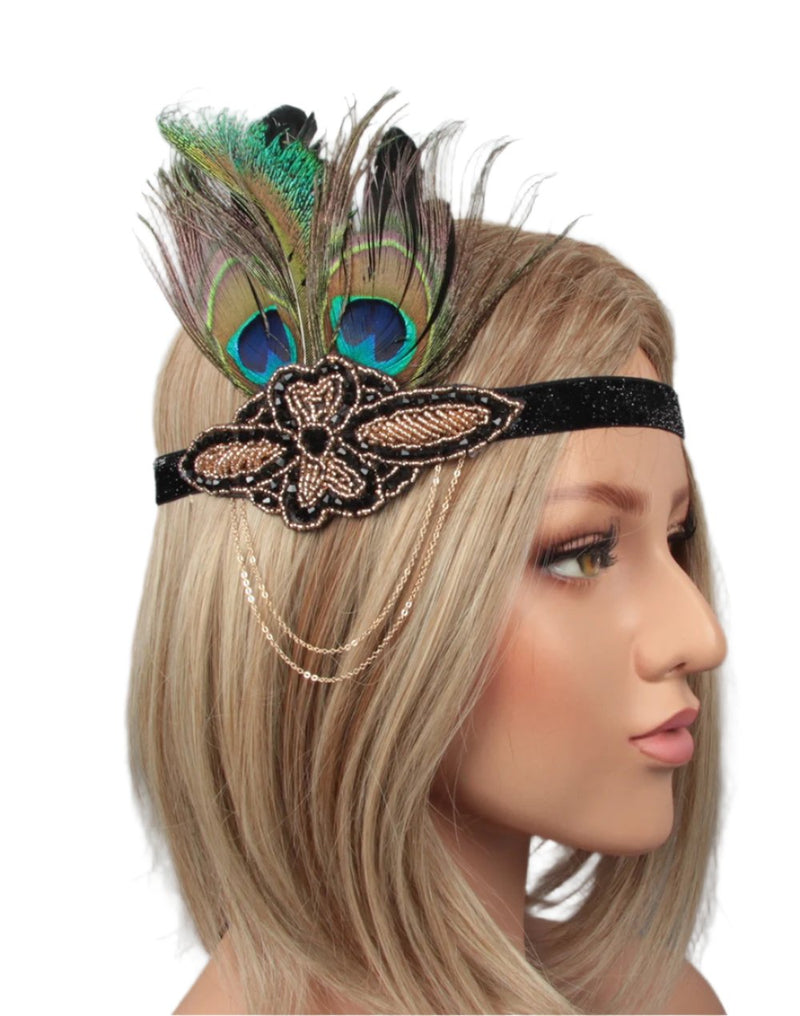 Adult 1920s Gatsby Feather Headband - Black Peacock Flapper Costume Accessory