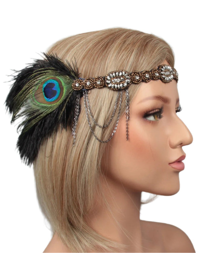 Adult 1920s Flapper Headband - Gold Beaded Gatsby Feather Accessory