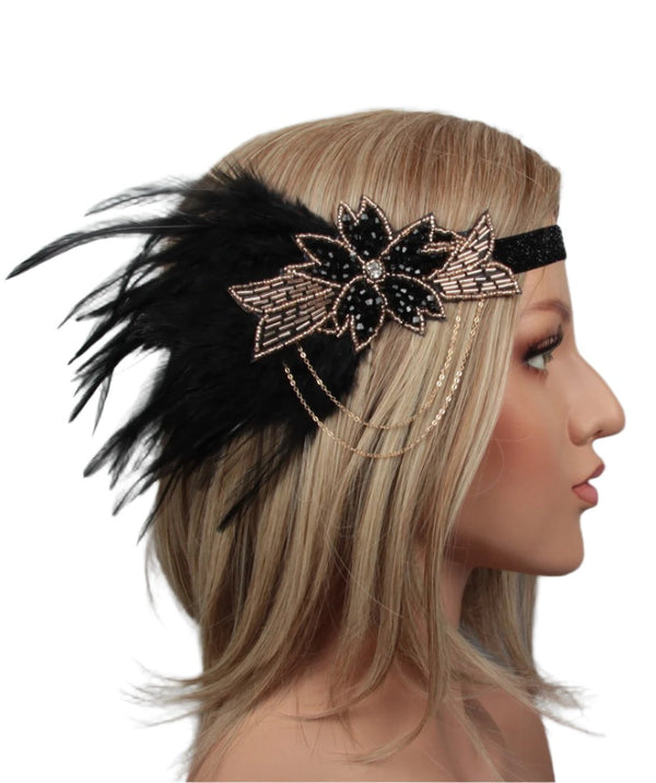 Adult 1920s Flapper Headband - Great Gatsby Feather Beaded Accessory