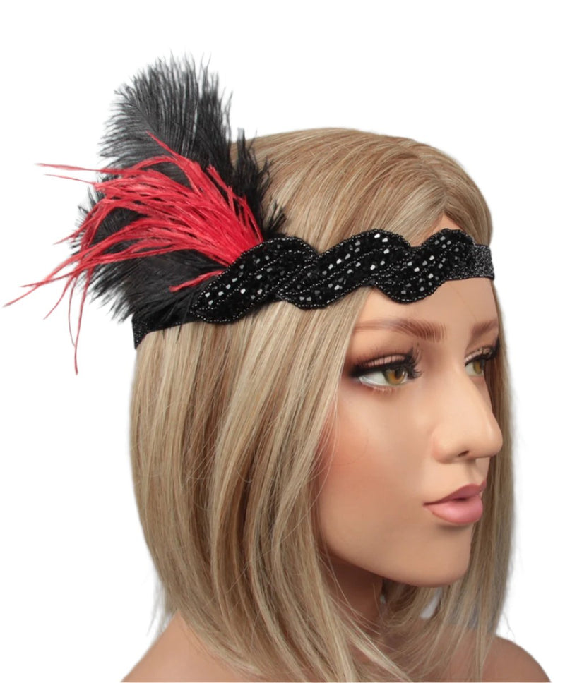 Adult 1920s Flapper Headband - Black Beaded Gatsby Feather Accessory