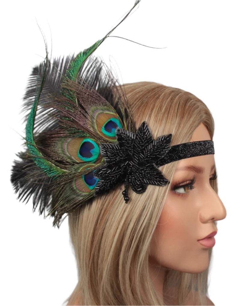 Adult 1920s Flapper Headband - Black Peacock Feather Fascinator