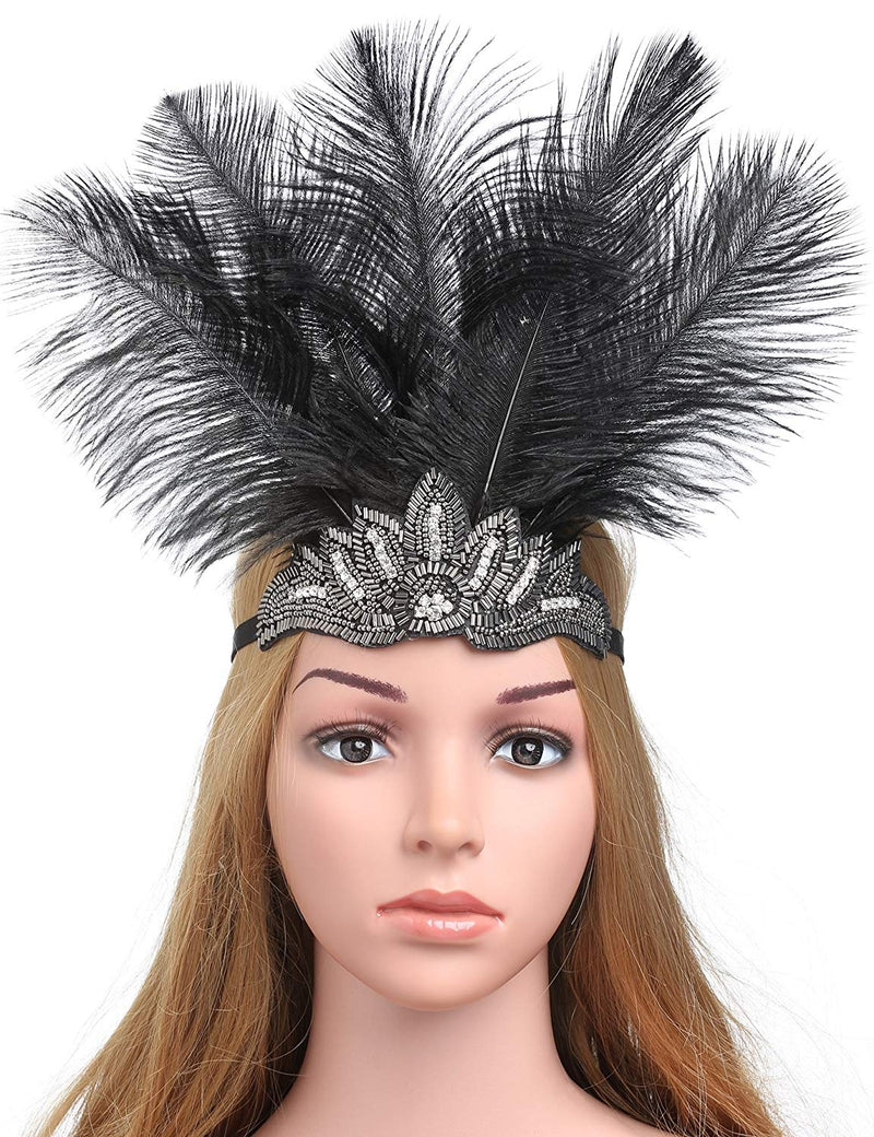 1920s Black Feather Great Gatsby Flapper Headpiece