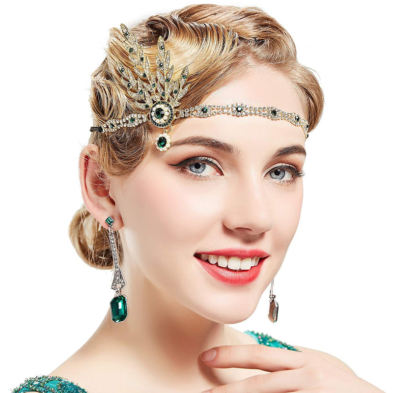 1920s Green Headband Vintage Bridal Great Gatsby Flapper Headpiece