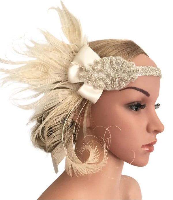 1920s White Feather Vintage Bridal Great Gatsby Flapper Headpiece