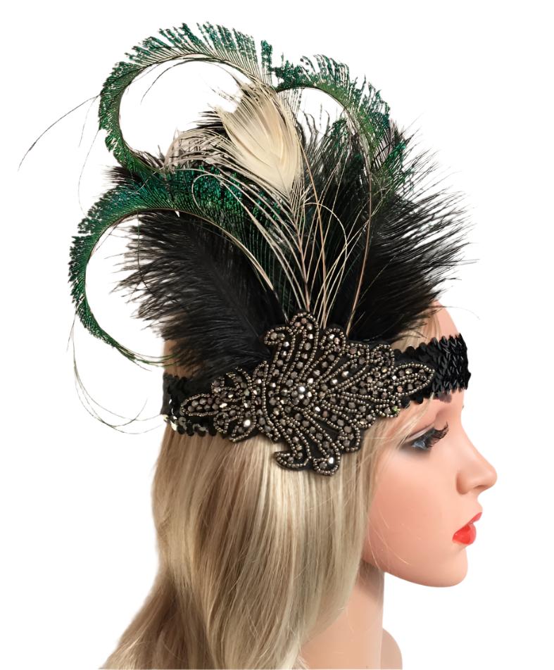 Adult 1920s Flapper Headband - Black Green Peacock Feather Gatsby Headpiece
