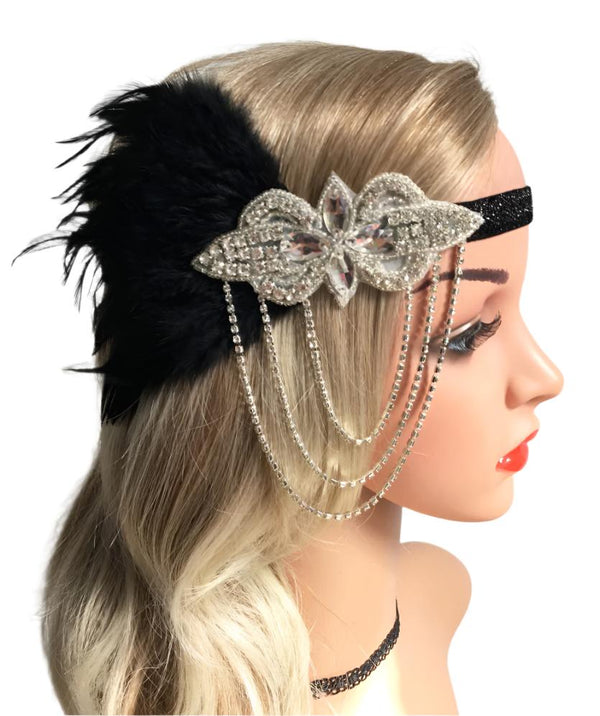 1920s Black Feather Great Gatsby Flapper Headpiece