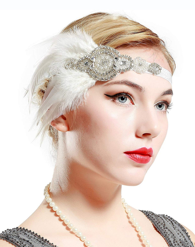 White 1920s Feather Headband Gatsby