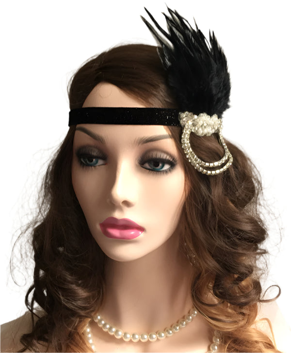 Adult 1920s Flapper Headband - Black Feather & Rhinestone Gatsby Accessory
