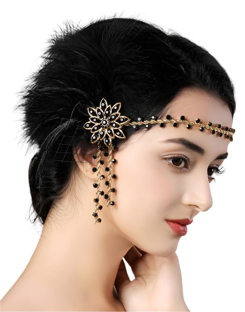 Adult 1920s Flapper Headband - Black Feather Great Gatsby Headpiece