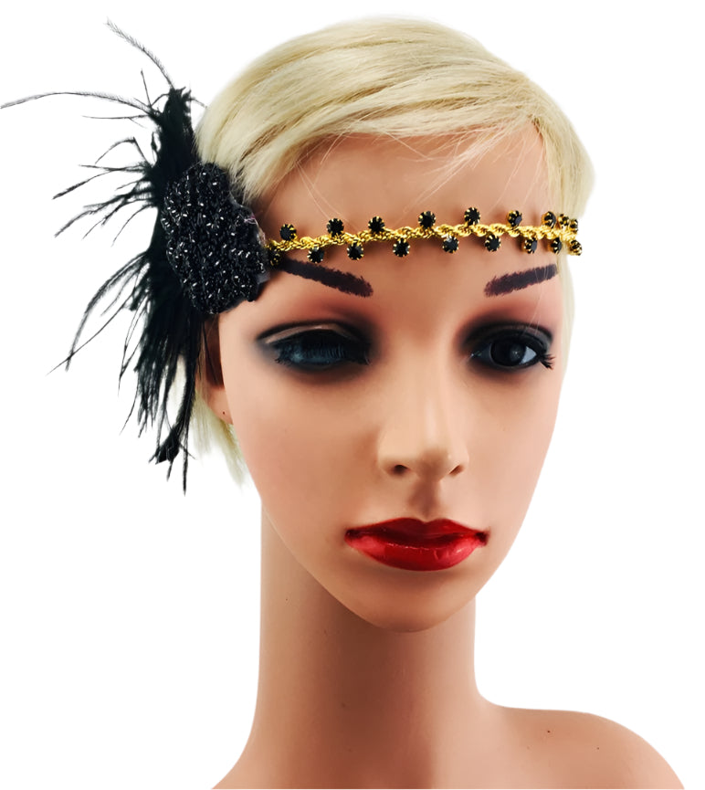 Adult 1920s Flapper Headband - Gold Beaded Black Feather Gatsby Headpiece