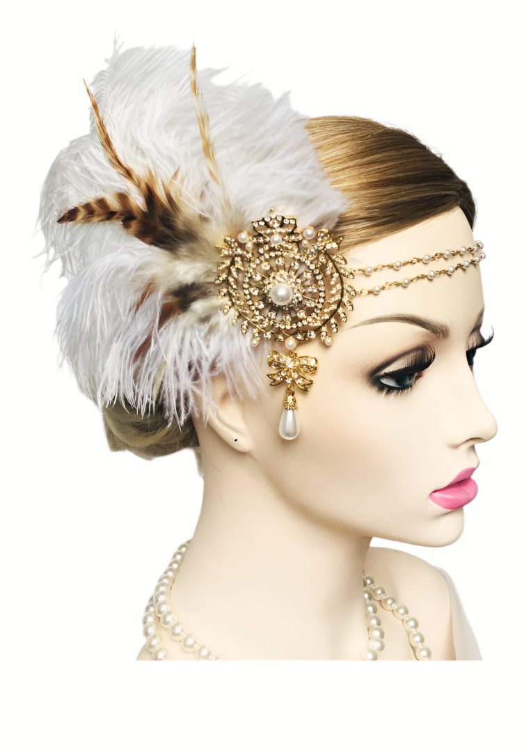 1920s Bridal Headband White Feather