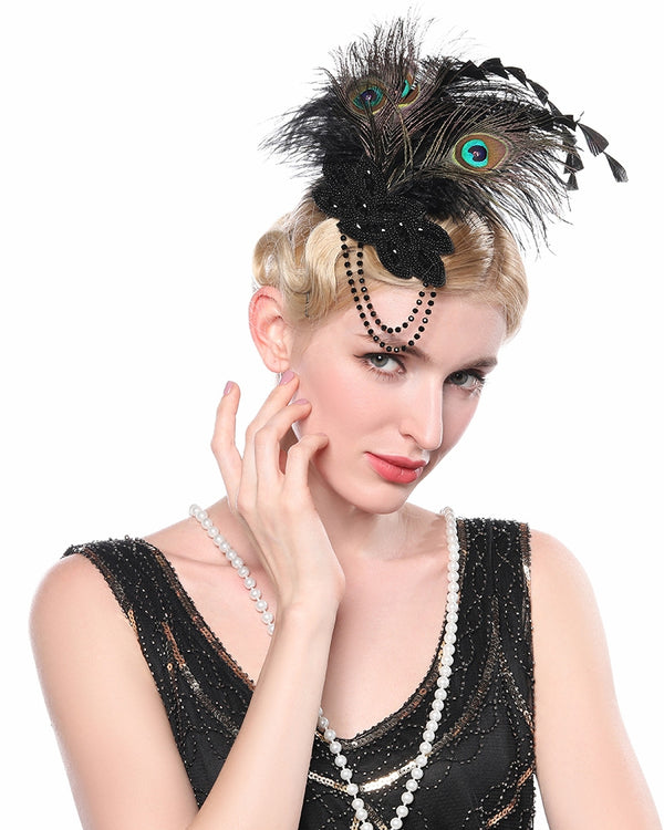Adult 1920s Peacock Feather Fascinator - Black & Teal Flapper Hair Clip