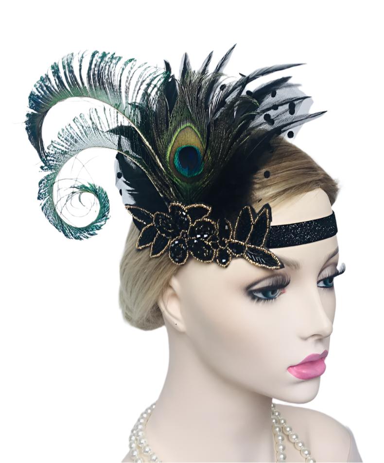 Adult 1920s Peacock Feather Headband - Gatsby Flapper Headpiece with Veil