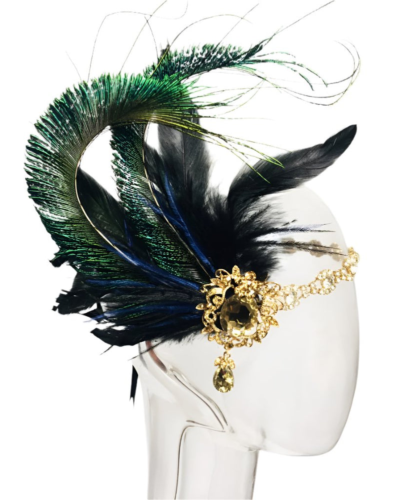 Womens 1920s Flapper Headband - Great Gatsby Feather & Rhinestone Accessory