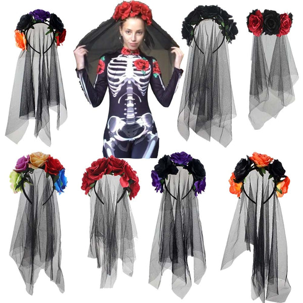 Halloween Day of the Dead Black Veil Rose Headband