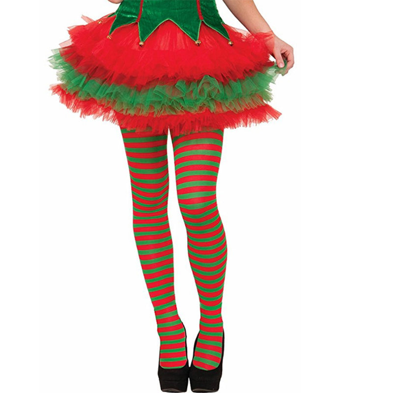 Elf Striped Red Green Christmas Xmas Helper Fancy Dress Costume Stockings Pantyhose