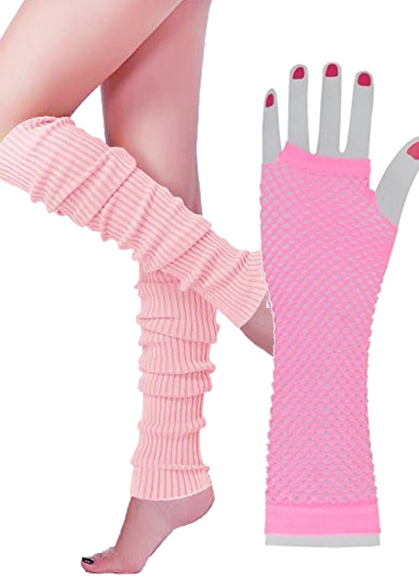 Coobey 80s NeonFishnet Gloves Leg Warmers accessory set Baby Pink