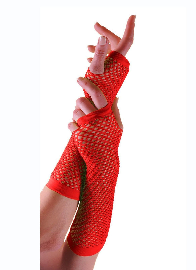 Red Fishnet Gloves Fingerless Elbow Length 70s 80s Women's Neon Party Dance
