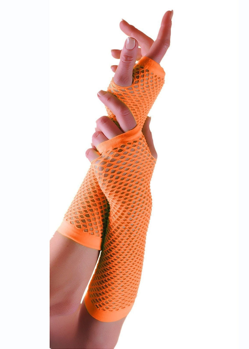 Orange Fishnet Gloves Fingerless Wrist Length 70s 80s Women's Neon Accessories