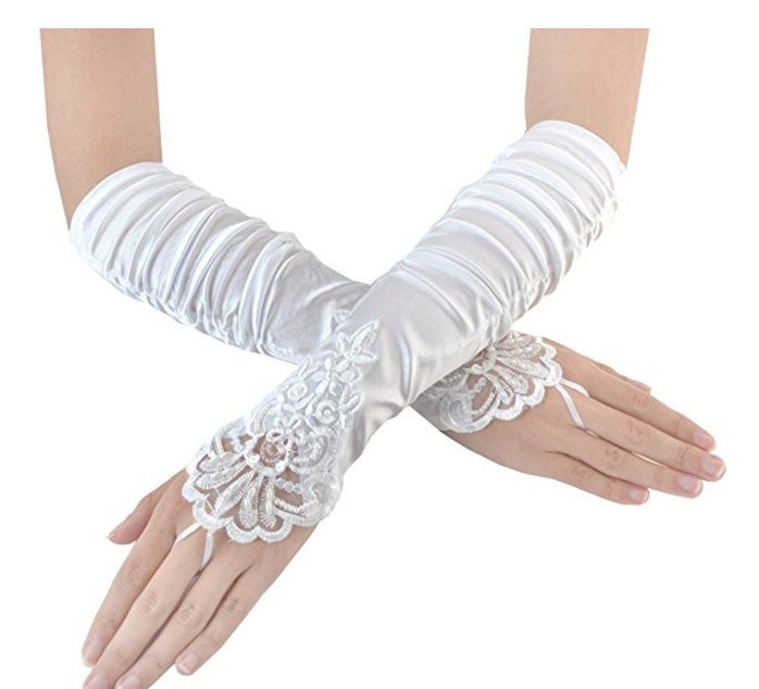 Adult White Lace Bridal Gloves - Fingerless Satin Opera Length Accessory