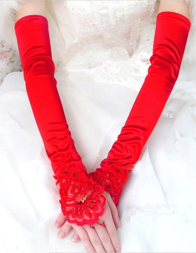 Ladies Red Lace Gloves Over Elbow Length