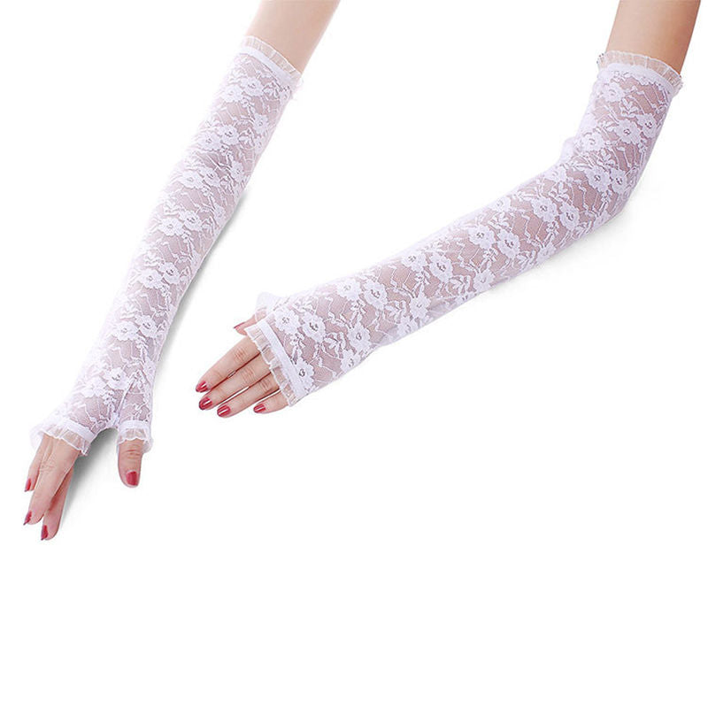 White Lace Gloves Fingerless Over Elbow Length