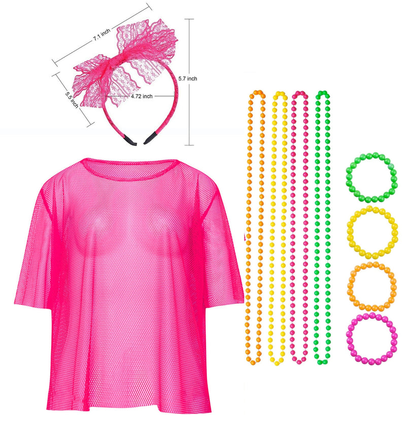 Pink Neon Fishnet Vest Top T-Shirt 1980s Costume Plus Beaded Necklace Bracelet