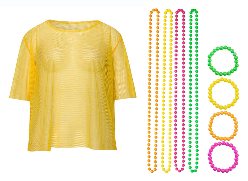 Yellow Neon Fishnet Vest Top T-Shirt 1980s Costume Plus Beaded Necklace Bracelet