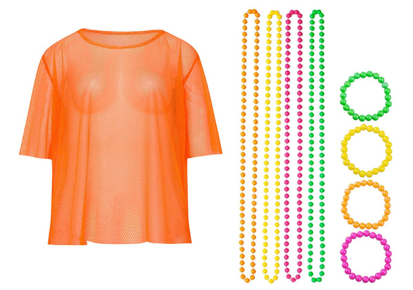 Orange Neon Fishnet Vest Top T-Shirt 1980s Costume Plus Beaded Necklace Bracelet