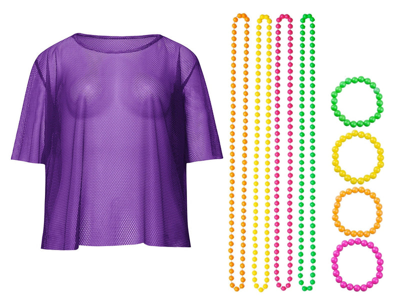 Purple Neon Fishnet Vest Top T-Shirt 1980s Costume Plus Beaded Necklace Bracelet