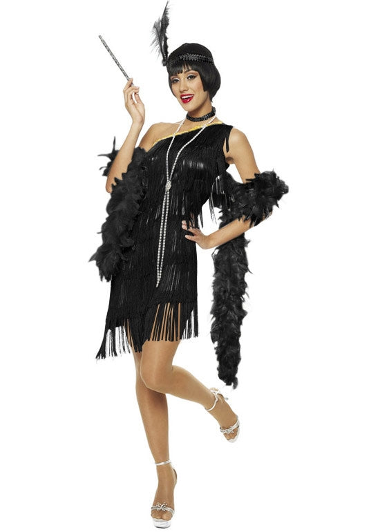 Kids 1920s flapper costume with black fringe dress and feather boa