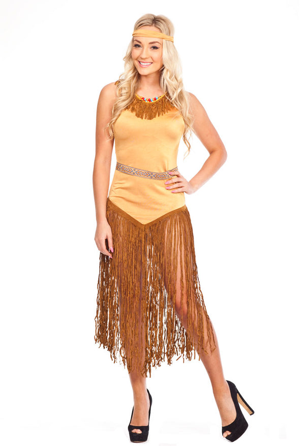 Women's prairie girl costume with golden tan bodice and brown fringe skirt