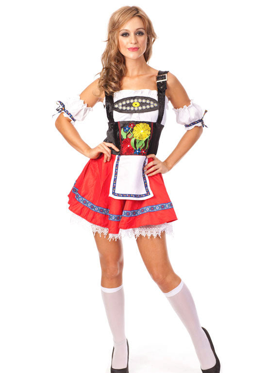 Red Bavarian dirndl costume with black corset bodice and white puff sleeves