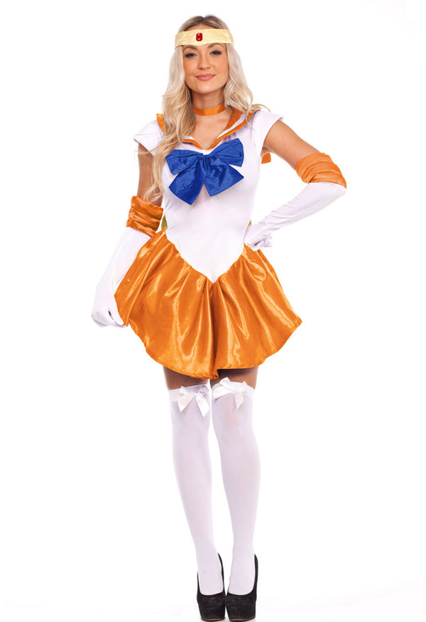 Kids sailor scout costume with orange pleated skirt and white bodysuit