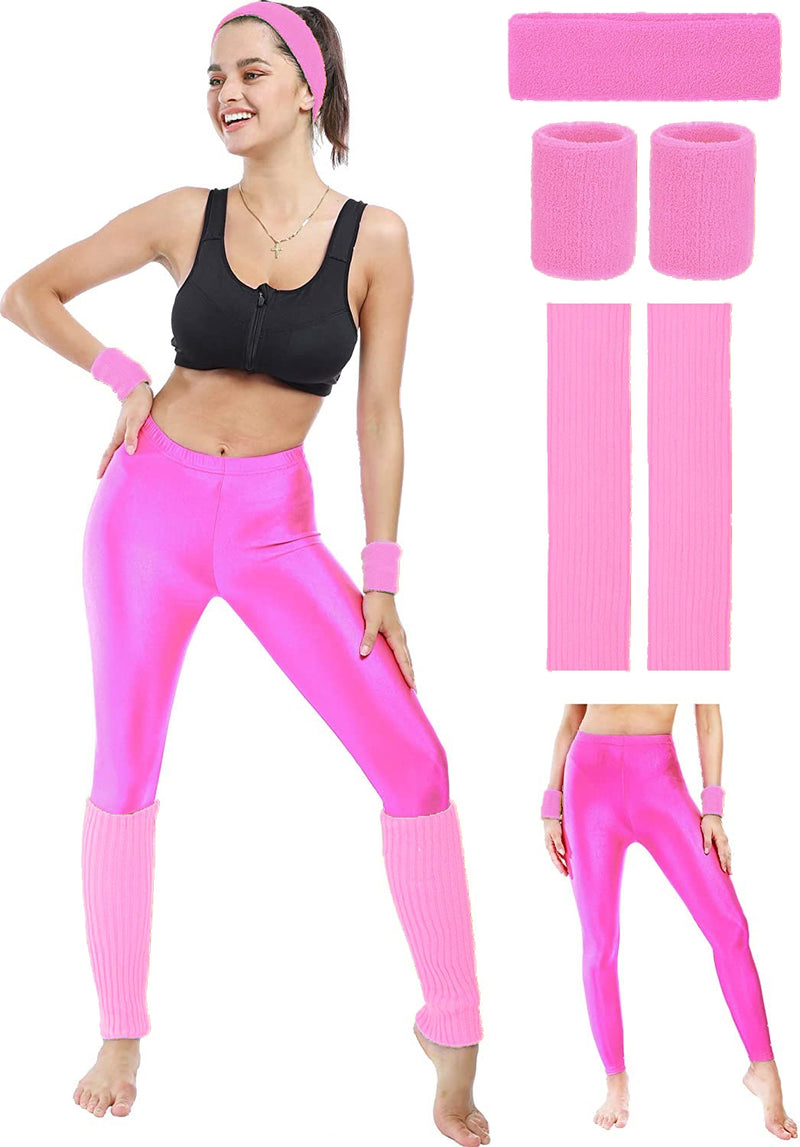 Pink Adult 80s Aerobics Costume Set - Neon Leggings Leg Warmers Headband