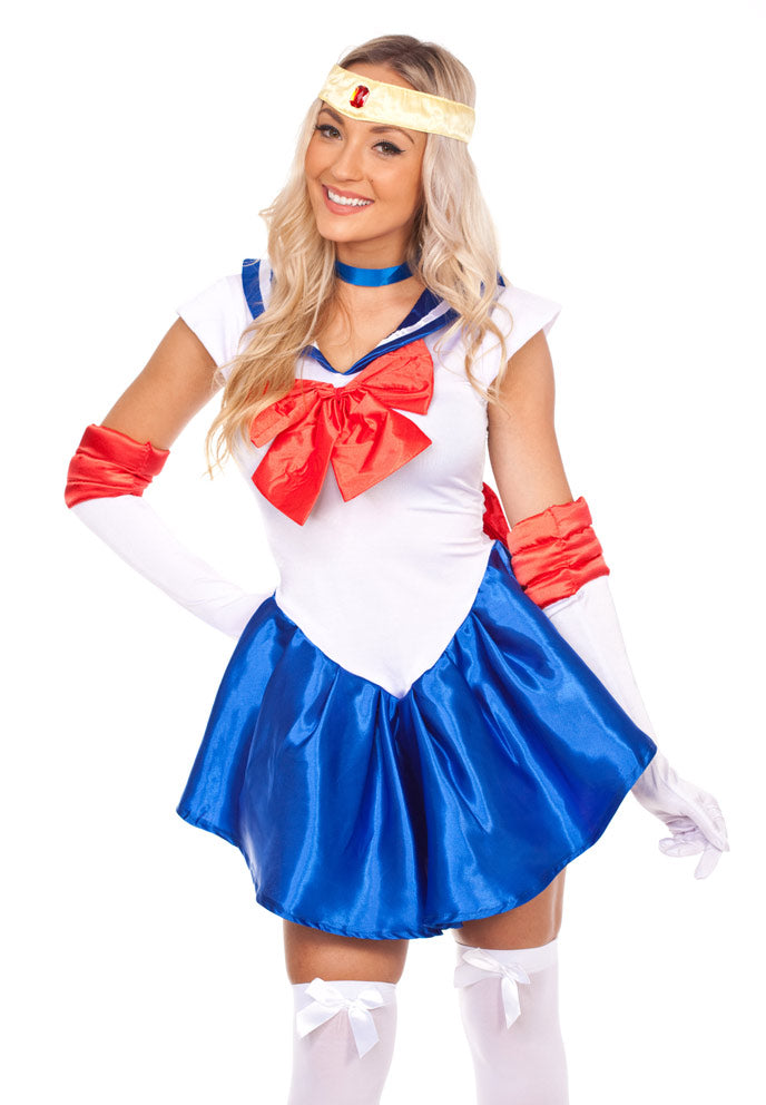 Kids white and blue sailor scout dress costume with red bow and gold tiara