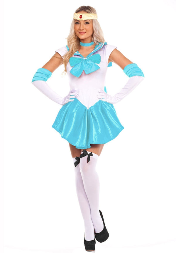 Kids sailor scout costume with teal collar and white dress on model