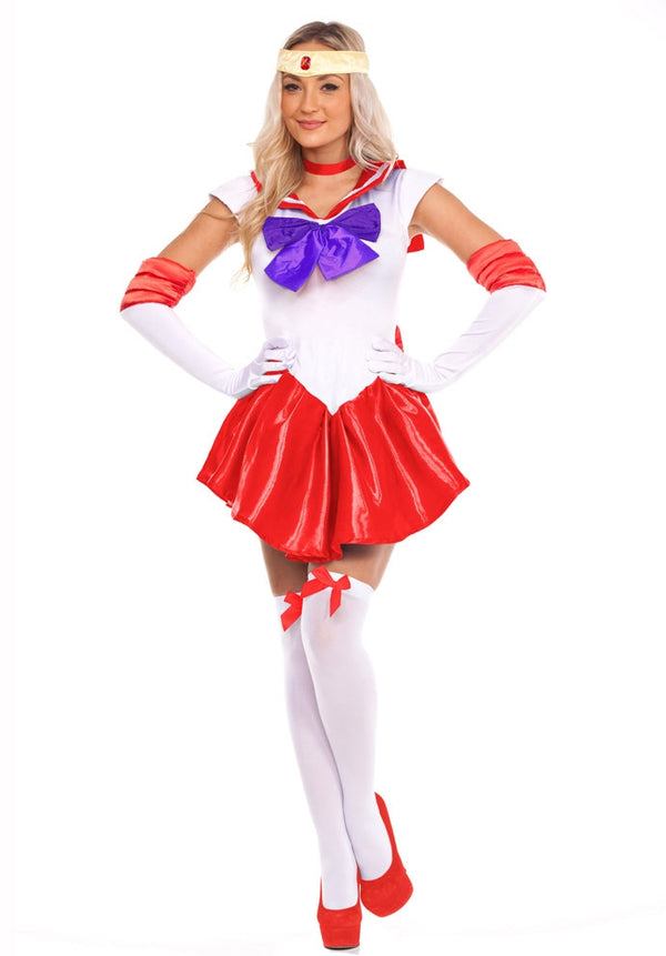 Red and white sailor warrior costume dress with gold tiara for kids