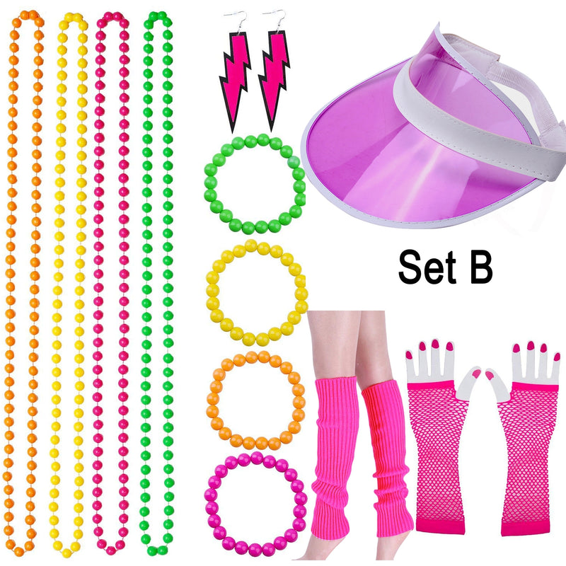 80s Neon Bracelet Necklace Bow Headband Fishnet Gloves Lighting Earring Leg Warmers