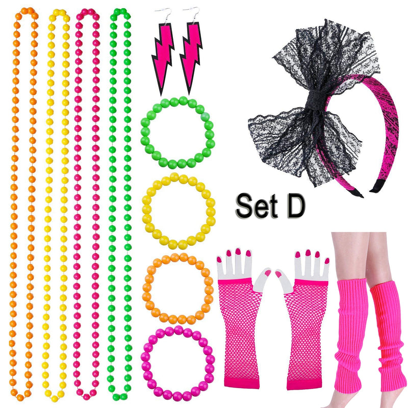 80s Neon Bracelet Necklace Bow Headband Fishnet Gloves Lighting Earring Leg Warmers