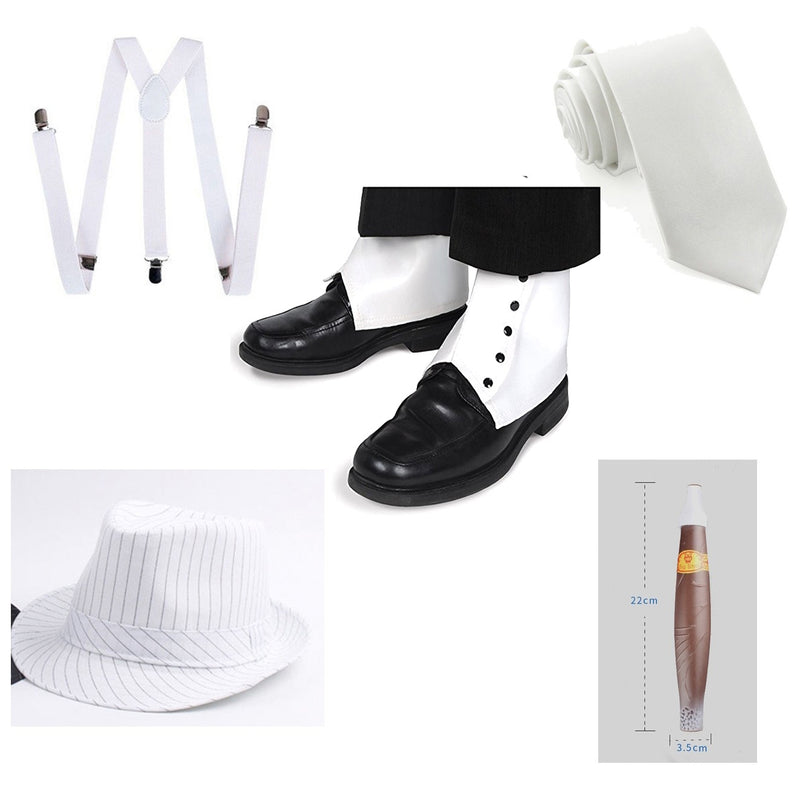 White Mens 20s Gangster Set Hat Braces Tie Cigar Gatsby Costume Accessories