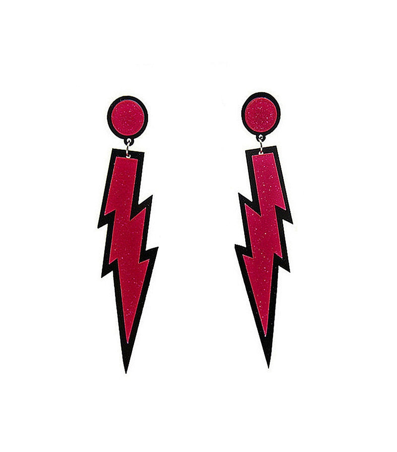 Red Glitter Lightning Plastic Rock Star 80s Earrings