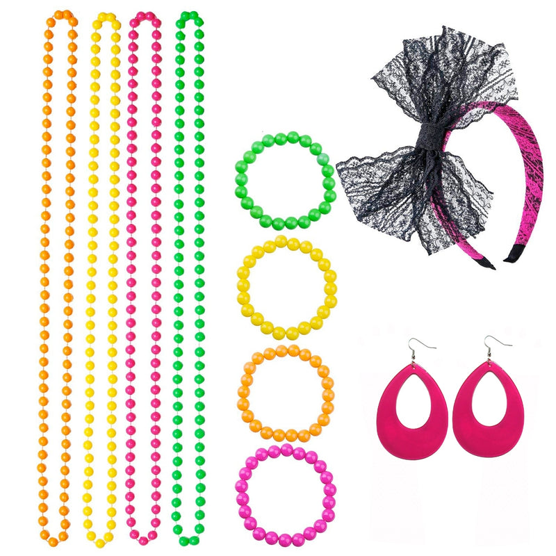 Coobey 80s Neon Bracelet Necklace Bow Headband Lighting Earring