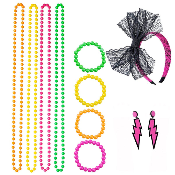 Coobey 80s Neon Bracelet Necklace Bow Headband Lighting Earring