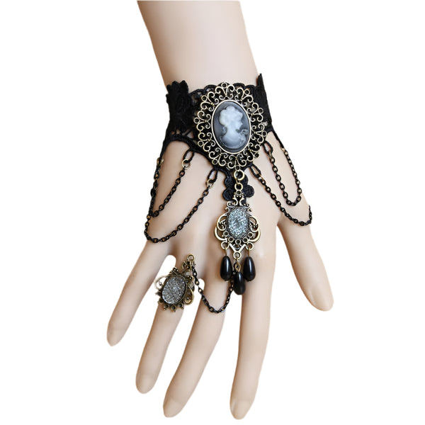Vintage Lace Vine Chain Cuff Bracelet Ring Set Halloween Jewelry
