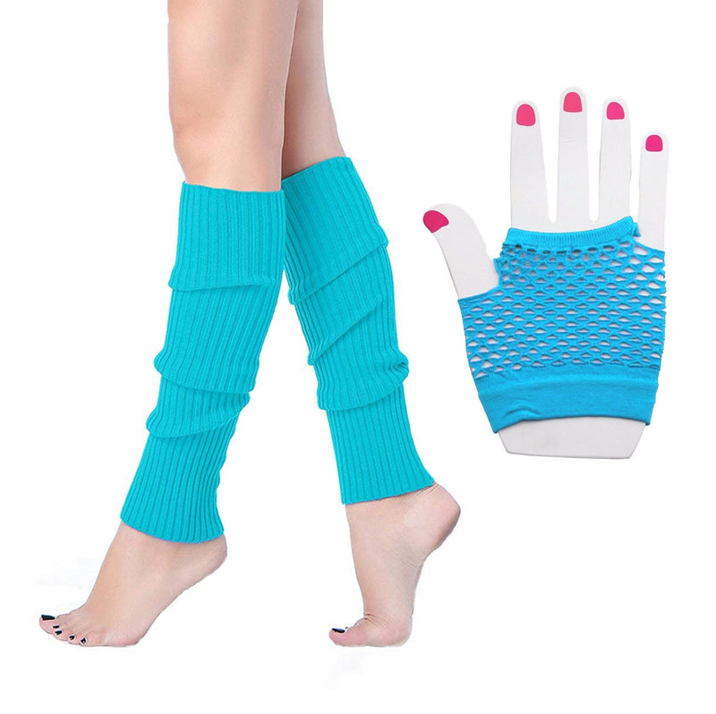 Coobey 80s Neon Fishnet Gloves Leg Warmers accessory set Light Blue