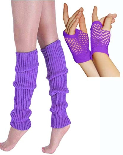 Coobey 80s Neon Fishnet Gloves Leg Warmers accessory set Purple