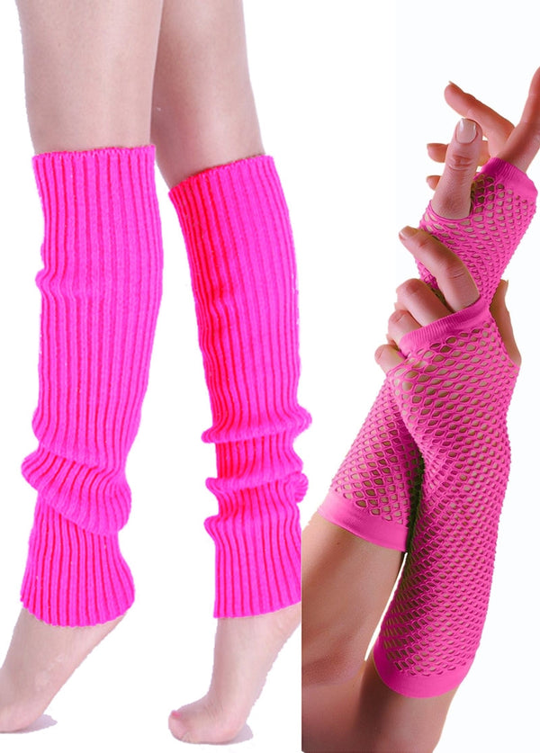 Pink 80s Neon Fishnet Gloves Leg Warmers Costume Accessory Set