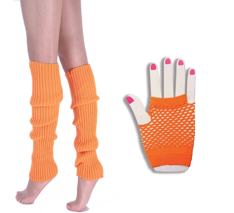 Coobey 80s Neon Fishnet Gloves Leg Warmers accessory set Orange